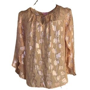 Lilly Pulitzer Silk Top Small Pink Metallic Chiffon Palm Trees Flowy Beach
